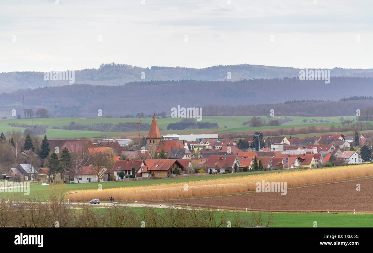 idyllic rural scenery around Bretzfeld in Hohenlohe at early spring time Stock Photo