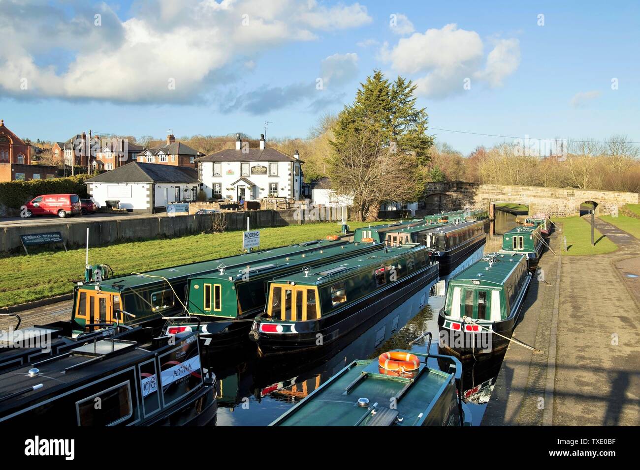 Canal boats mooring, Trevor, Wrexham, Wales, UK, United Kingdom Stock Photo