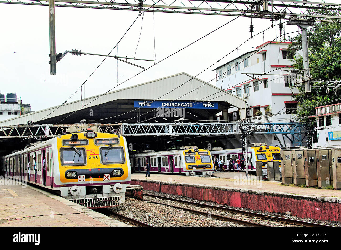 Church gate Railway Station local train on platform, Mumbai, Maharashtra, India, Asia Stock Photo