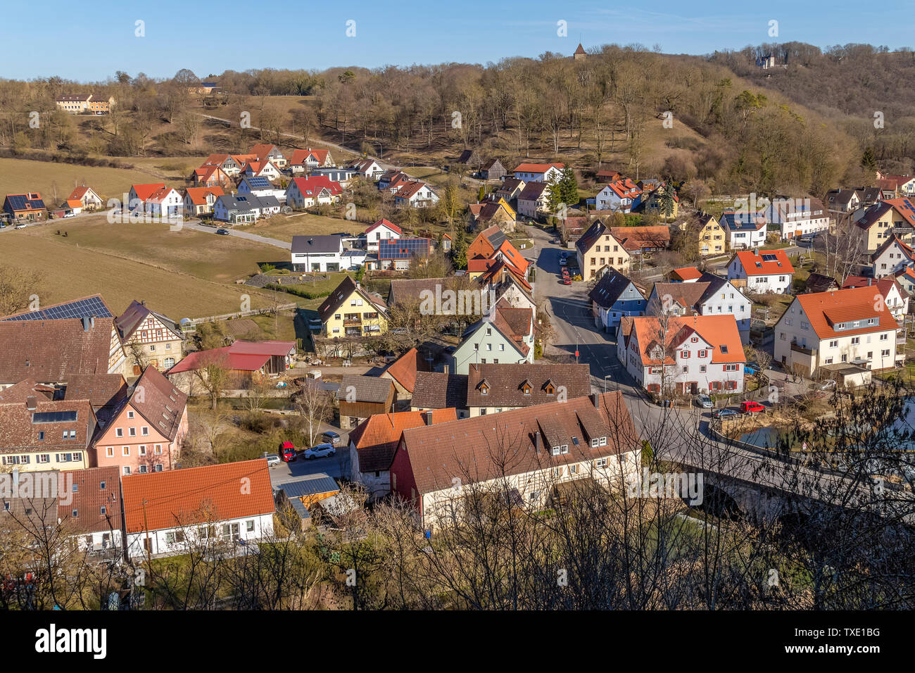 aerial scenery around Kirchberg an der Jagst in Southern Germany at early spring time Stock Photo