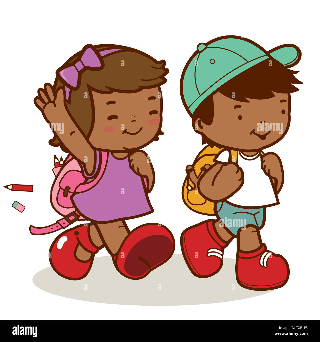 Students walking to school. A happy African American girl and boy going ...