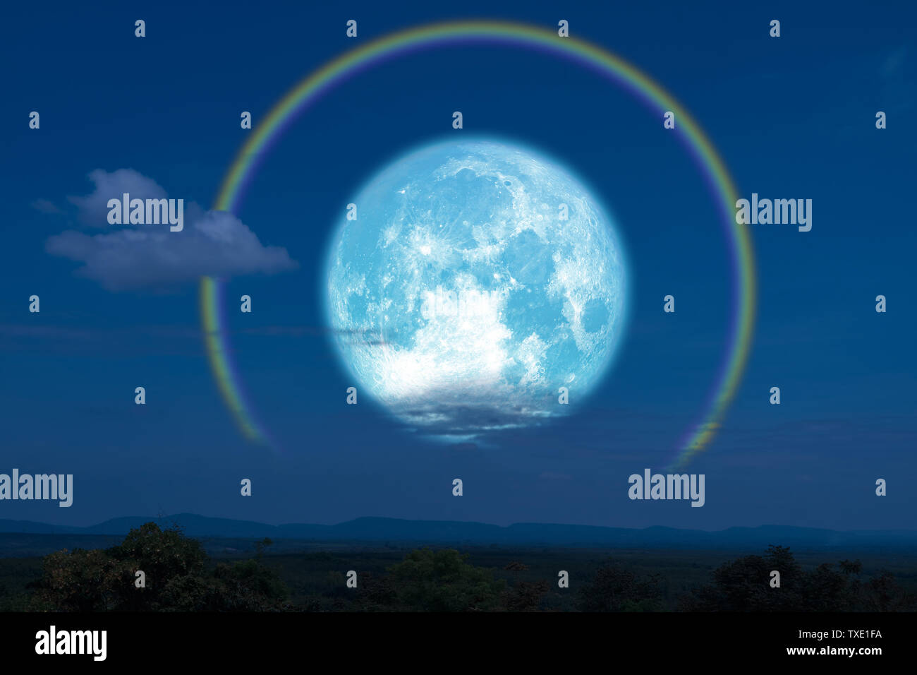 Full flower Moon halo back silhouette mountain and river, Elements of this image furnished by NASA Stock Photo
