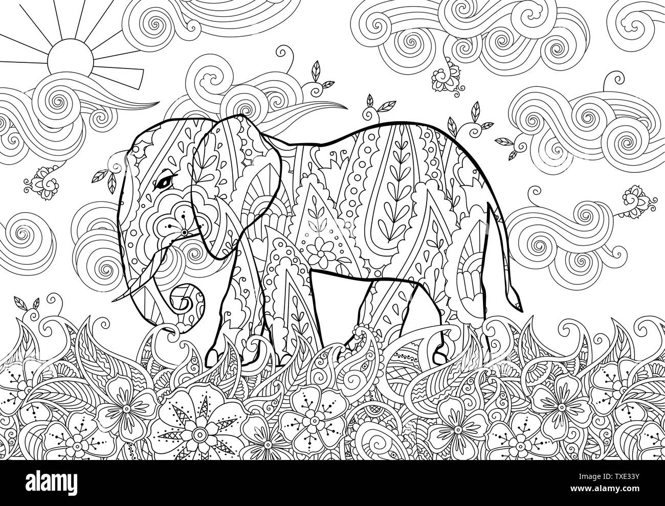 Coloring page with doodle style elephant on the meadow in zentangle ...