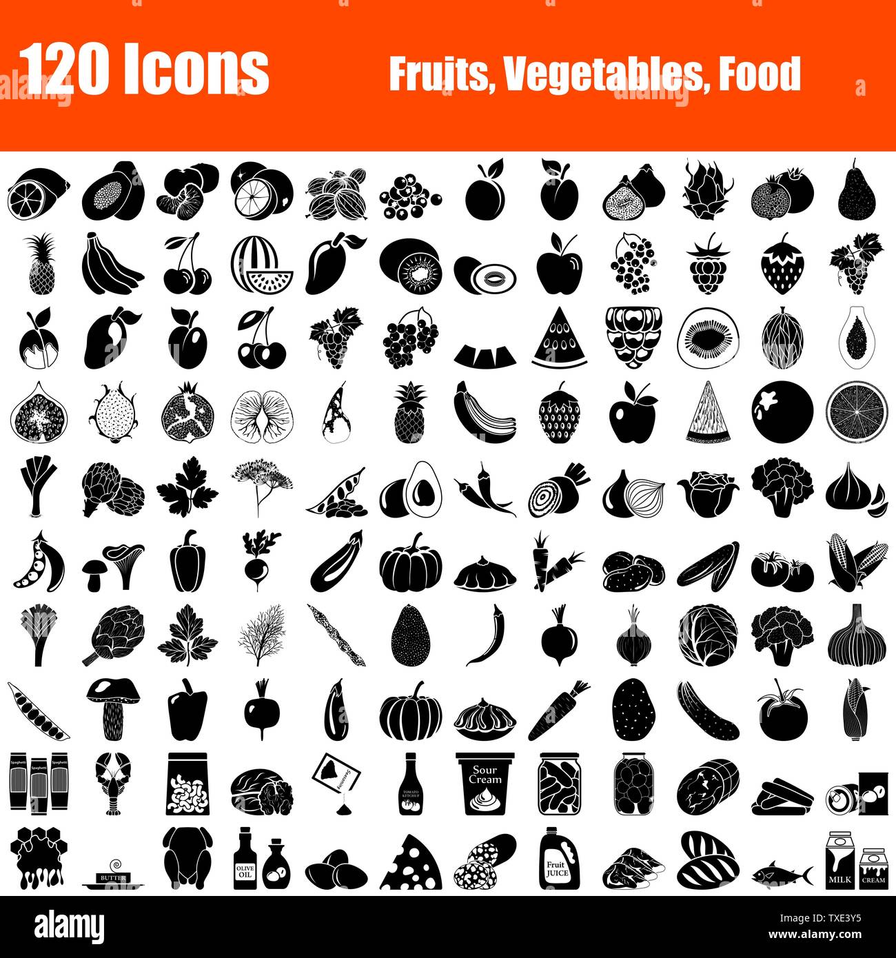 Set of 120 Icons. Fruit, Vegetables, Food themes. Black Color Stencil