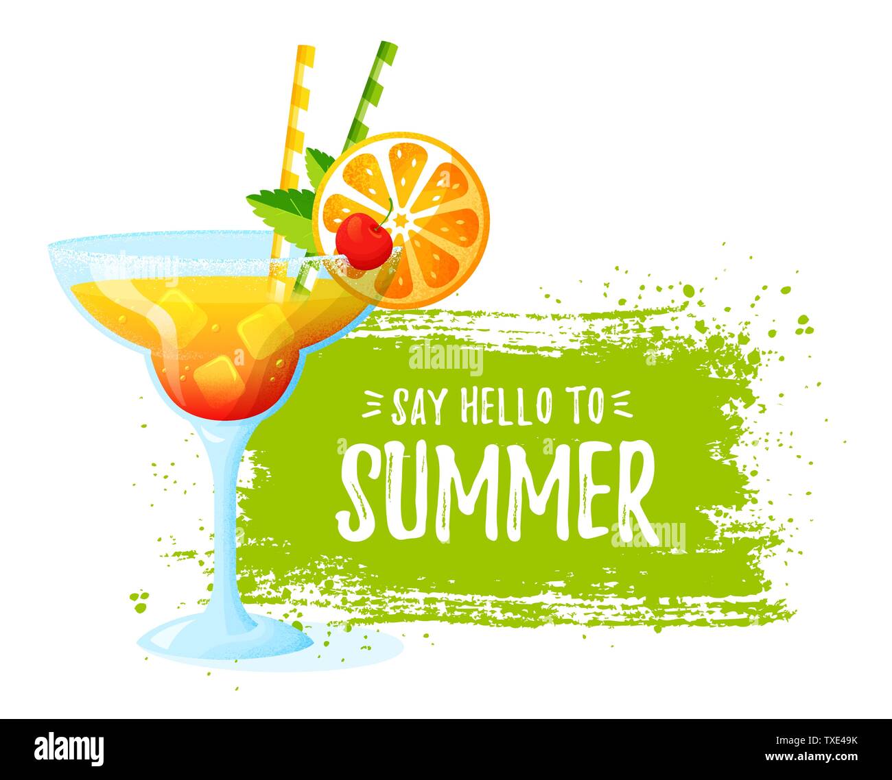 Tropical cocktail with orange slice and cherry. Say hello to summer! Modern banner with glass of refreshing drink and paint brush stroke isolated on a Stock Vector