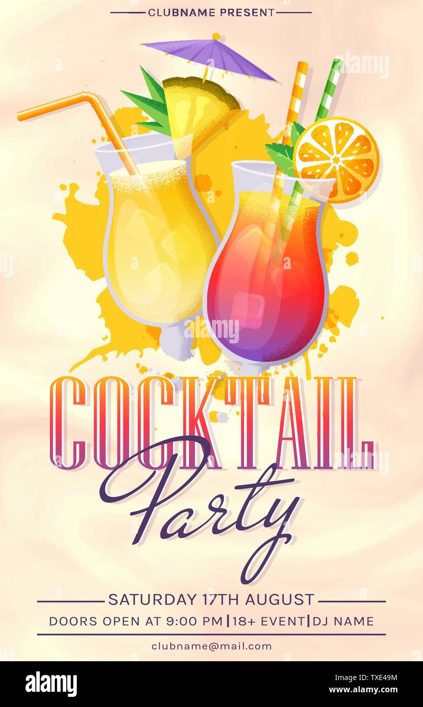Cocktail party invitation. Vector flyer template with glass of tropical cocktail and paint splashes. Stock Vector