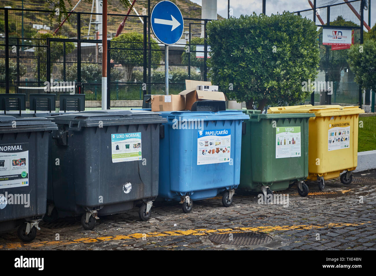 Environmental concern, Collection bins and sign in Machico, Madeira,  Portugal Stock Photo - Alamy