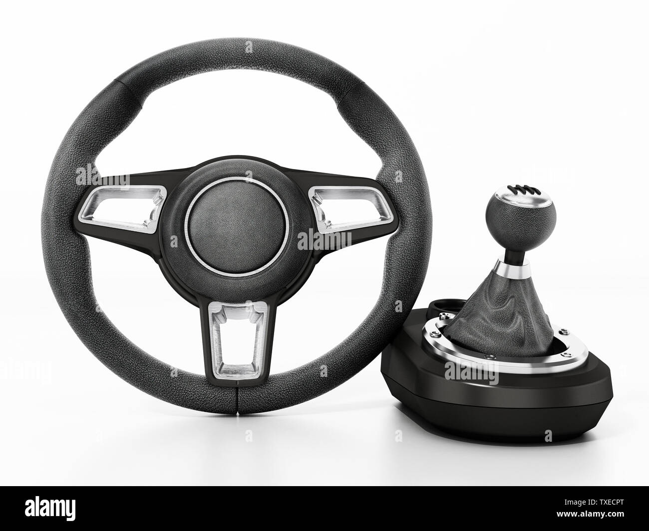 Generic steering wheel and gearbox isolated on white background. 3D  illustration Stock Photo - Alamy