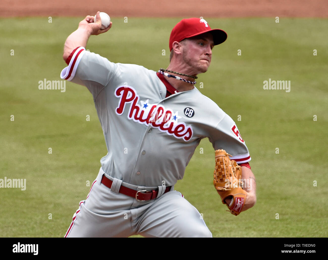 Georgia State University graduate and Philadelphia Phillies starting pitcher David Buchanan delivers to the Atlanta Braves during the third inning at Turner Field in Atlanta, September 3, 2014. UPI/David Tulis Stock Photo