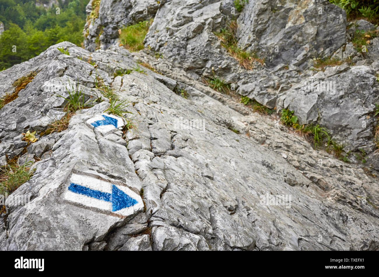 Hiking trail blue paint arrow marking on a rock, selective focus. Stock Photo