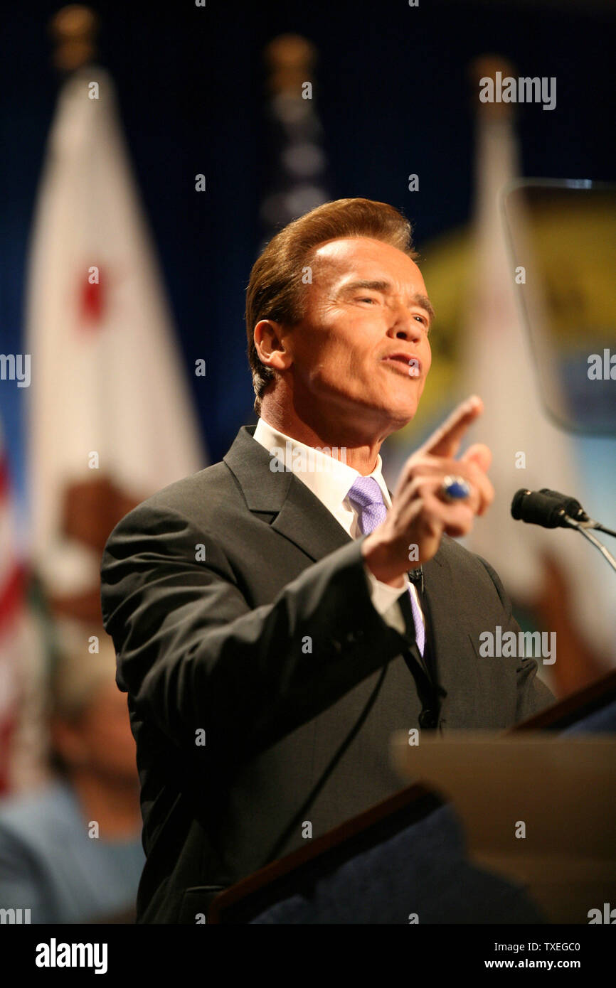 California Governor Arnold Schwarzenegger gives a speech after being