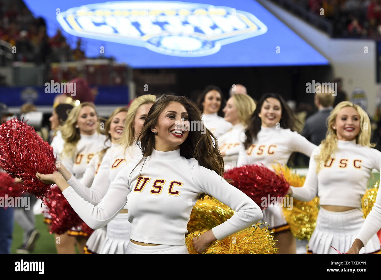 Members of the USC Trojans cheerleaders perform during the the Goodyear Cotton Bowl Classic on December 29, 2017 at AT&T Stadium in Arlington, Texas.  Photo by Shane Roper/UPI Stock Photo