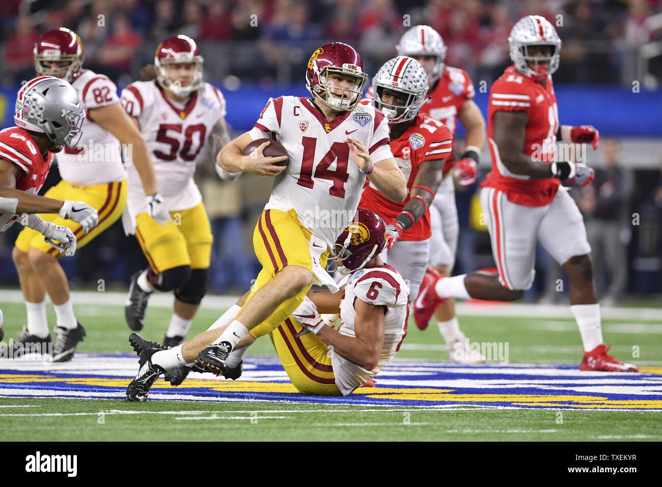 USC Trojans' quarterback Mark Sanchez holds up the after defeating Penn  State Nittany Lions 38-24 in the 95th Rose Bowl Game in Pasadena,  California on January 1, 2009. (UPI Photo/Jim Ruymen Stock