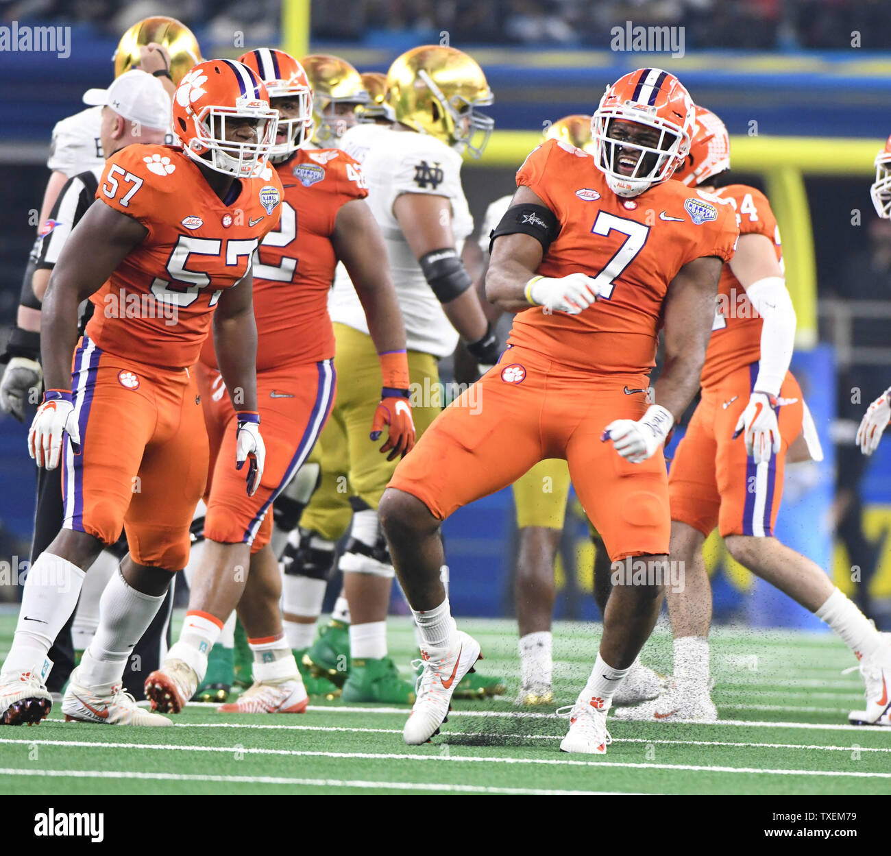 Clemson's Austin Bryant celebrates one of his sacks of Notre Dame quarterback Ian Book in the College Football Playoff Semifinal at the Goodyear Cotton Bowl Classic at AT&T Stadium in Arlington, Texas on December 29, 2018. The Tigers won 30-3 and will face the winner of the CFP Semifinal at the Capital One Orange Bowl in the National Championship Game on January 7, 2019. Photo by Ian Halperin/UPI Stock Photo