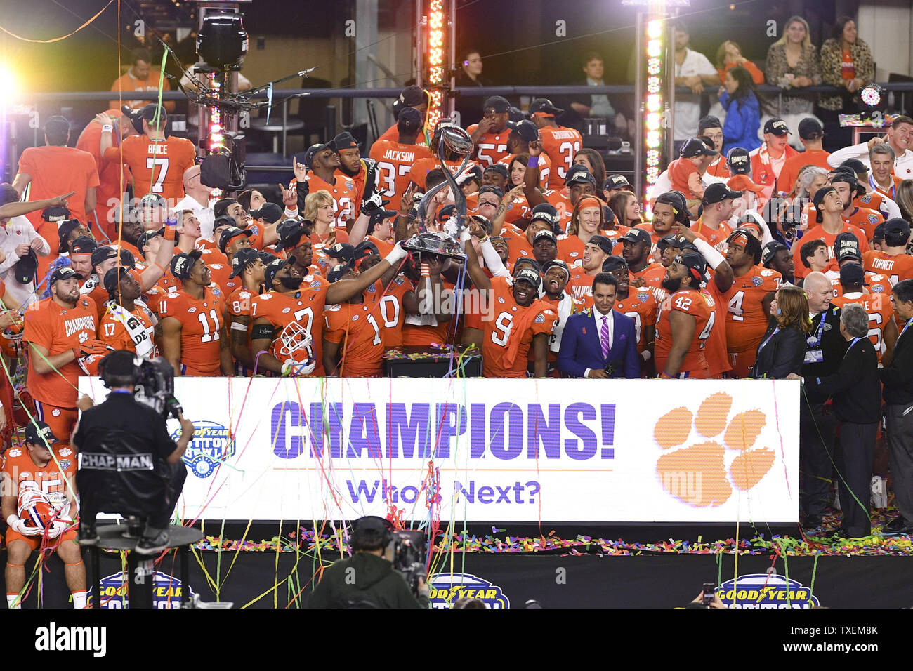 The Clemson Tigers hoist the Field Scovell Trophy after defeating the Notre Dame Fighting Irish during the College Football Playoff Semifinal at the Goodyear Cotton Bowl Classic at AT&T Stadium in Arlington, Texas on December 29, 2018. The Tigers won 30-3 and will face the winner of the CFP Semifinal at the Capital One Orange Bowl in the National Championship Game on January 7, 2019. Photo by Shane Roper/UPI Stock Photo