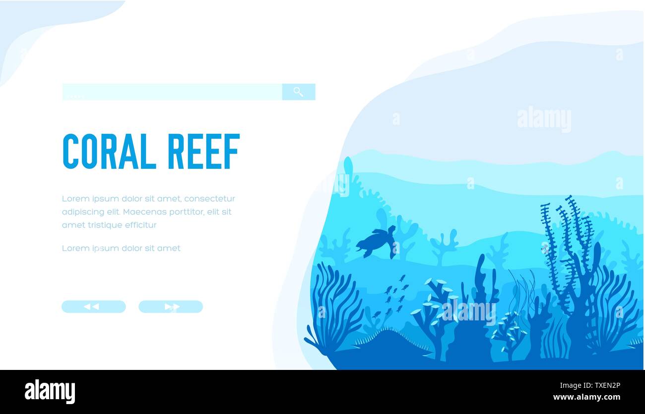 Coral reef vector landing page template. Scuba diving web banner layout design. Marine life, ecosystem. Underwater flora and fauna minimalistic illustration. Ocean seaweeds and animals Stock Vector