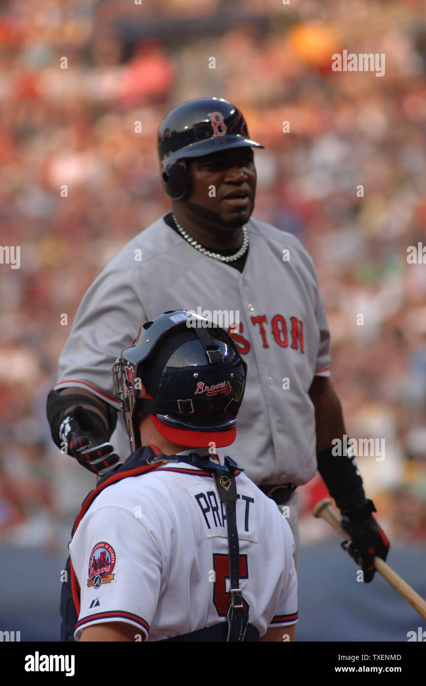 Boston Red Sox hitter David Ortiz argues a strike call with the umpire in first inning of interleague play against the Atlanta Braves June 16, 2006, in Atlanta's Turner Field.  (UPI Photo/John Dickerson) Stock Photo