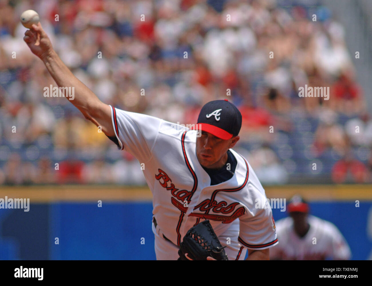 Atlanta Braves starting pitcher Lance Cormier throws against the visiting Boston Red Sox in the first inning June 17, 2006, in Atlanta's Turner Field.  The Red Sox defeated the Braves 5-3 (UPI Photo/John Dickerson) Stock Photo