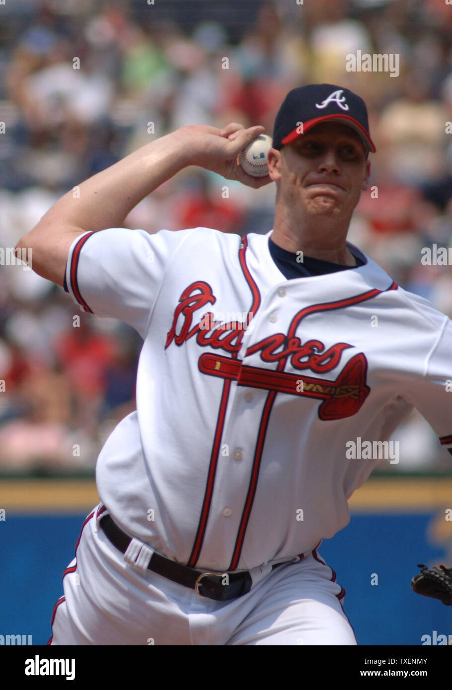 Atlanta Braves relief pitcher Phil Stockman throws against the Boston Red Sox in the sixth inning June 17, 2006, in Atlanta's Turner Field.  The Red Sox defeated the Braves 5-3 (UPI Photo/John Dickerson) Stock Photo