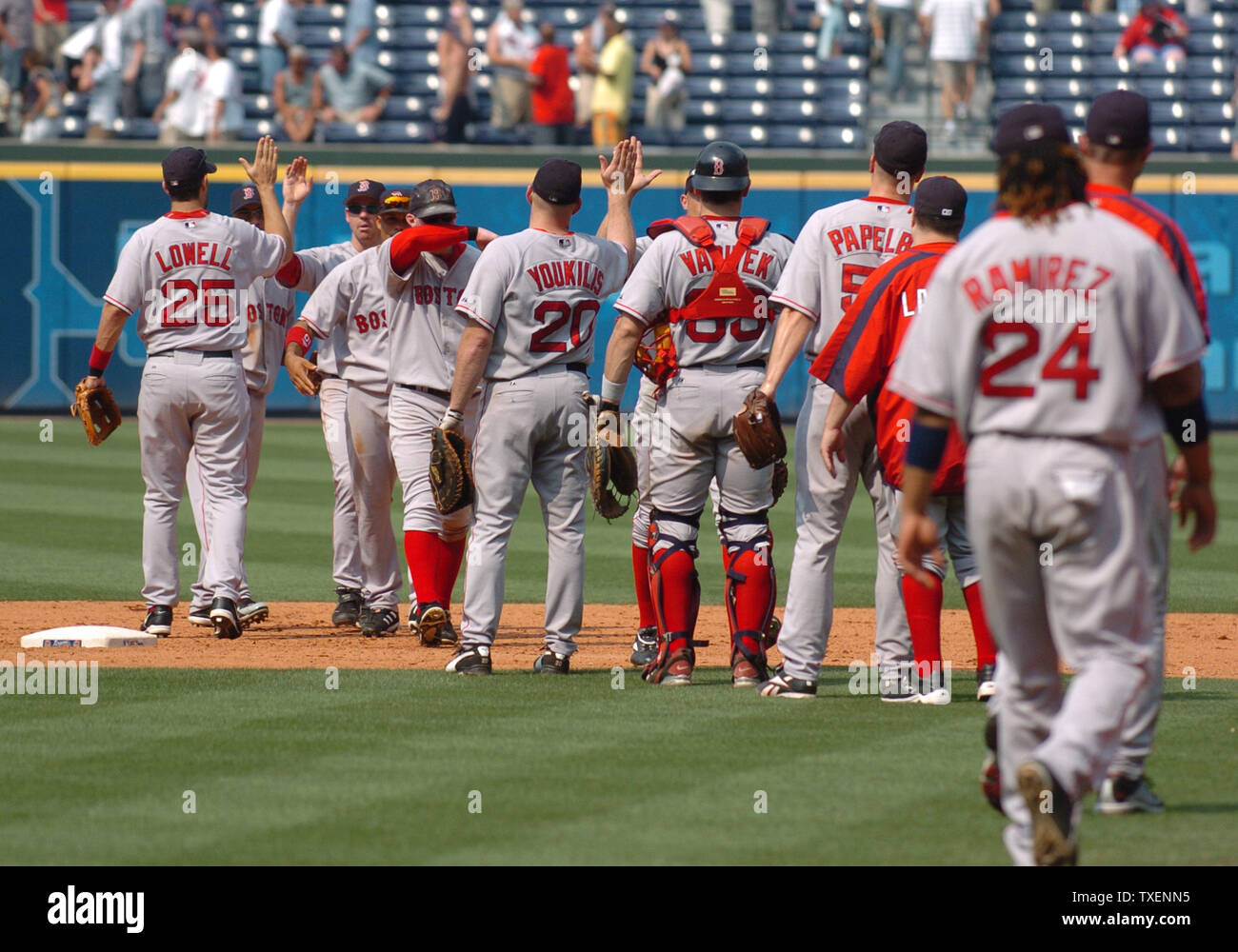 The Boston Red Sox celebrate a victory over the Atlanta Braves June 17, 2006, in Atlanta's Turner Field. The Red Sox defeated the Braves 5-3 (UPI Photo/John Dickerson) Stock Photo