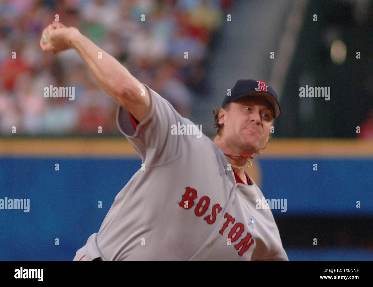 Boston Red Sox starting pitcher Curt Schilling  throws against the Atlanta Braves in the first inning June 18, 2006, in Atlanta's Turner Field. (UPI Photo/John Dickerson) Stock Photo