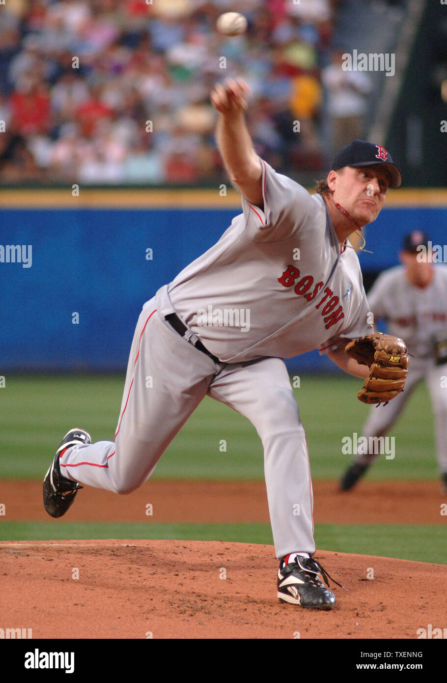 Boston Red Sox starting pitcher Curt Schilling  throws against the Atlanta Braves in the first inning June 18, 2006, in Atlanta's Turner Field. (UPI Photo/John Dickerson) Stock Photo