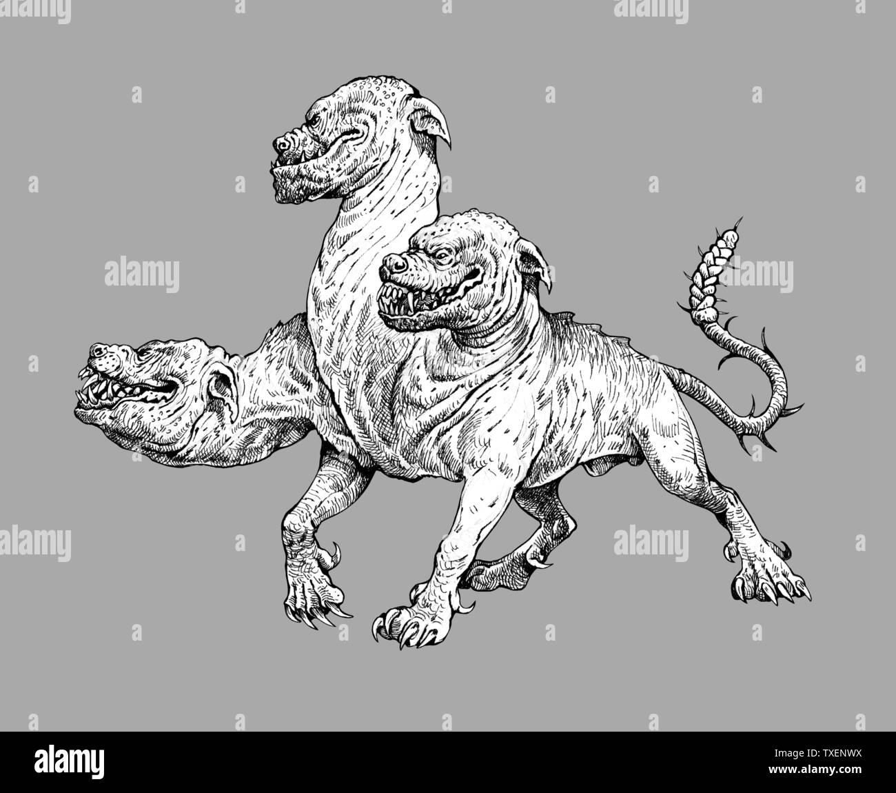 Multi headed dog Cerberus drawing. Hound of Hades. Greek mythology illustration. Stock Photo