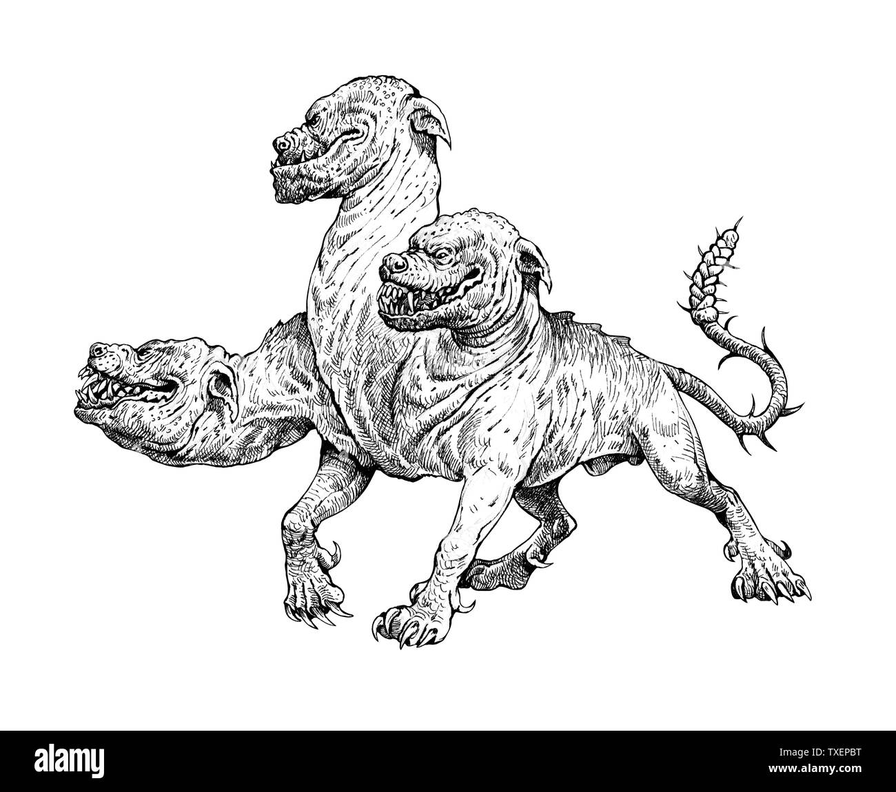 Multi headed dog Cerberus drawing. Hound of Hades. Greek mythology illustration. Stock Photo