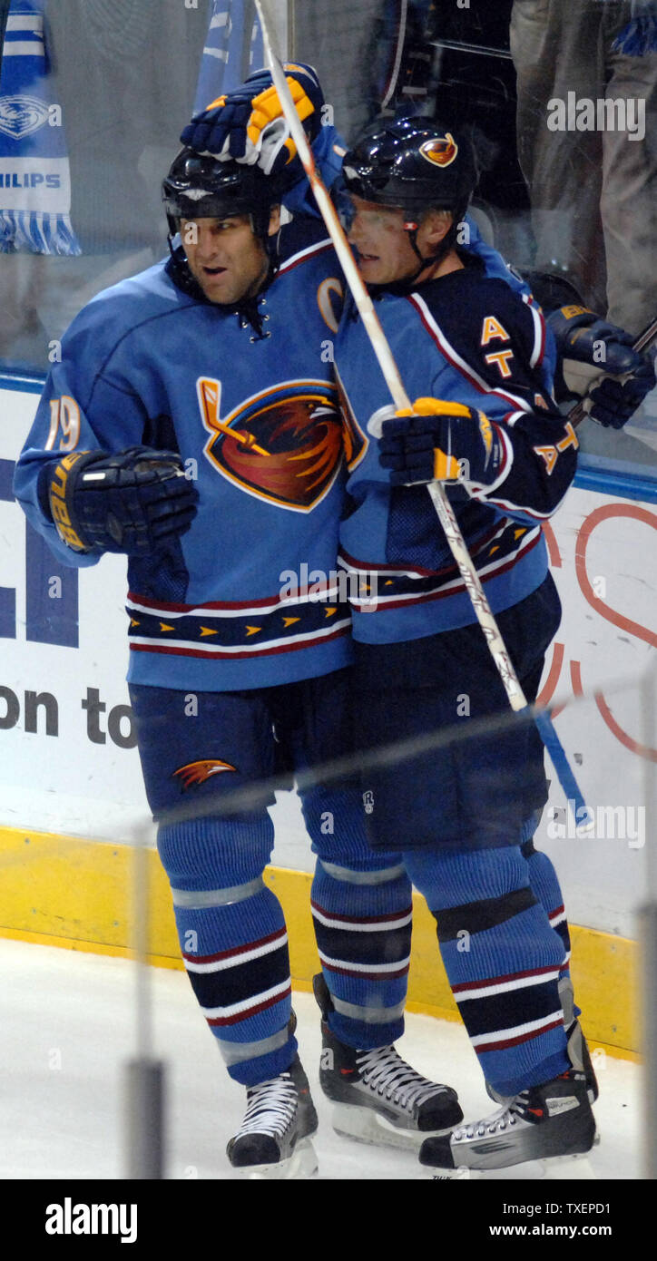 Atlanta Thrashers Scott Mellanby (L) and Marian Hossa celebrate Hossa's  goal against the visiting Tampa Bay Lightning in the first period at  Philips Arena in Atlanta, October 5, 2006.The Lightning defeated the