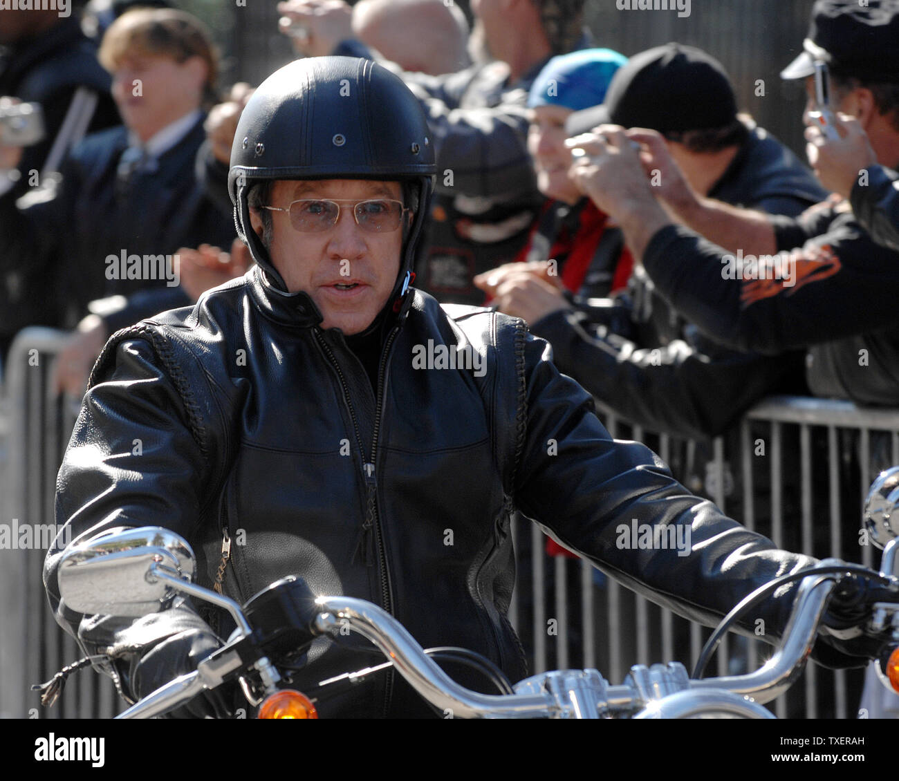 'Wild Hogs' star Tim Allen rides slowly on motorcycle at the Georgia State Capitol on February 6, 2007. He and other actors promoted a motorcycle safety program and their upcoming comedy film. (UPI Photo/John Dickerson) Stock Photo