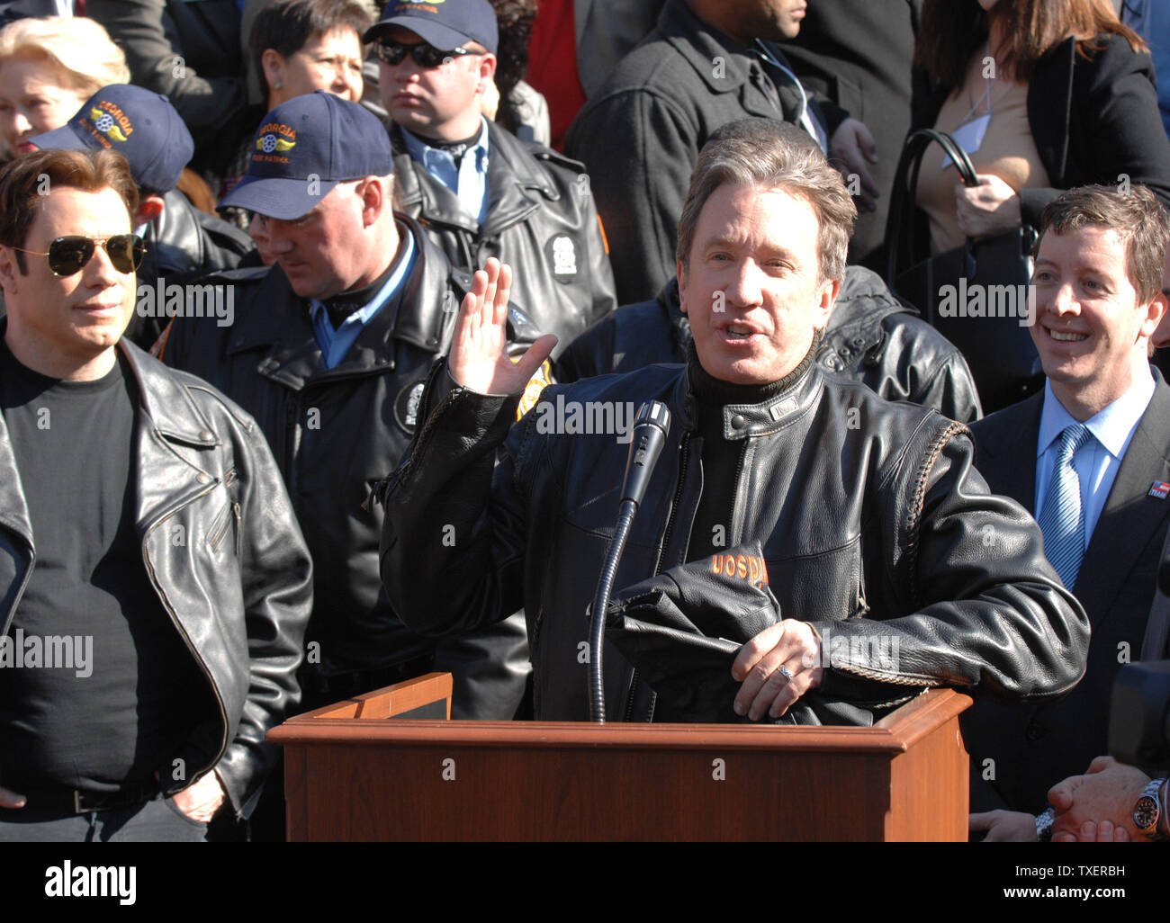 "Wild Hogs" star Tim Allen speaks at a motorcycle safety rally at the Georgia State Capitol on February 6, 2007. The actors promoted a motorcycle safety program and their upcoming comedy film. (UPI Photo/John Dickerson) Stock Photo
