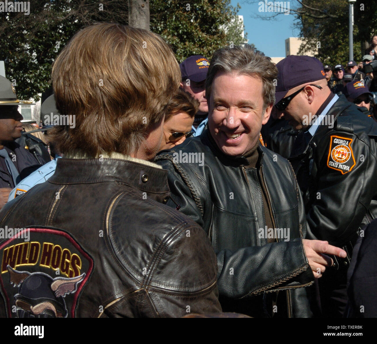 'Wild Hogs' stars Willam H. Macy (L) and Tim Allen appear at a motorcycle safety rally at the Georgia State Capitol on February 6, 2007. The actors promoted a motorcycle safety program and their upcoming comedy film. (UPI Photo/John Dickerson) Stock Photo