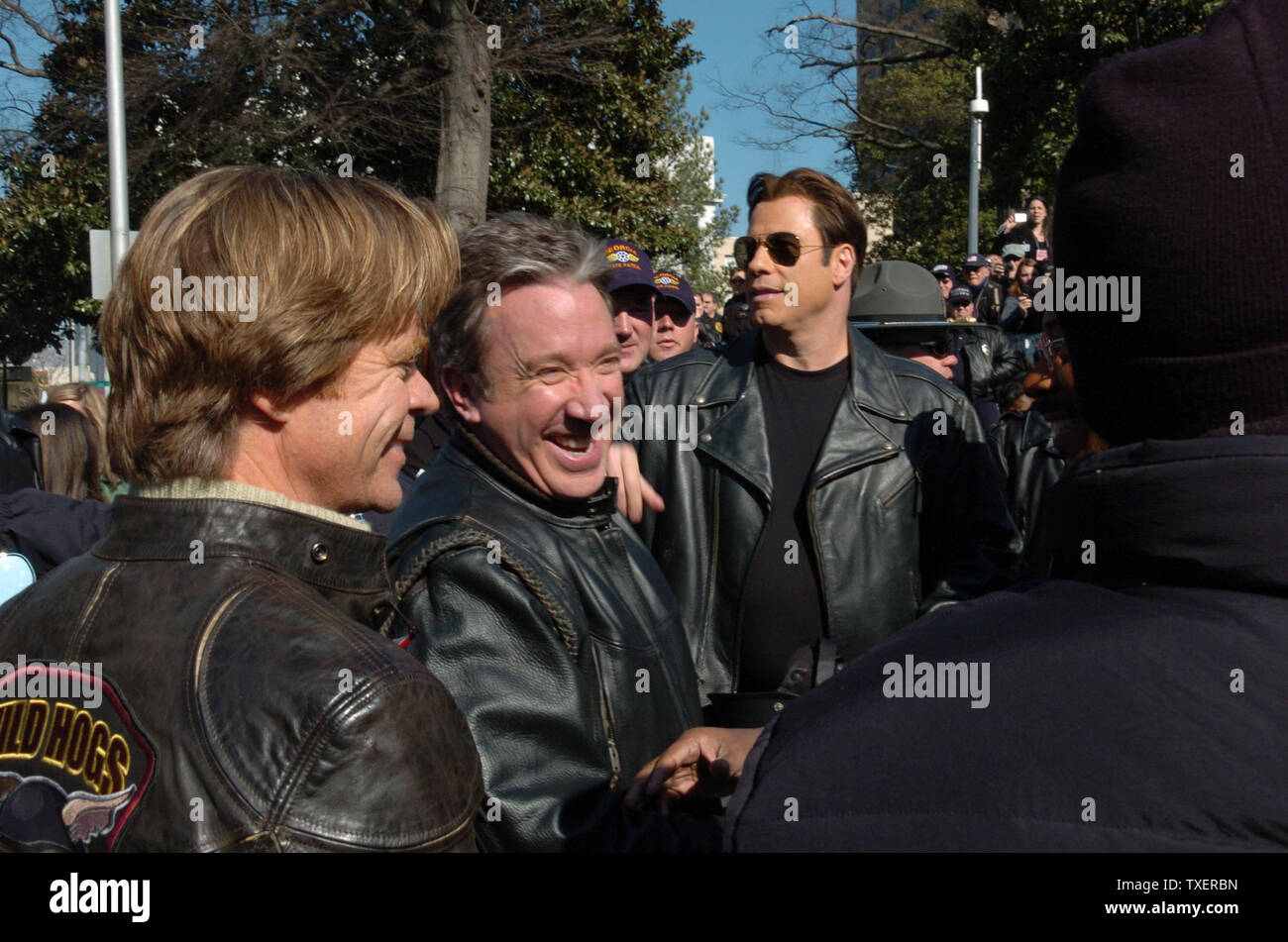 'Wild Hogs' stars Willam H. Macy (L),  Tim Allen and John Travolta appear at a motorcycle safety rally at the Georgia State Capitol on February 6, 2007. The actors promoted a motorcycle safety program and their upcoming comedy film. (UPI Photo/John Dickerson) Stock Photo