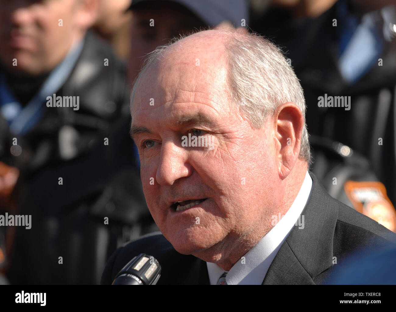 Georgia Governor Sonny Perdue speaks at a motorcycle safety rally at the Georgia State Capitol on February 6, 2007. The actors promoted a motorcycle safety program and their upcoming comedy film. (UPI Photo/John Dickerson) Stock Photo