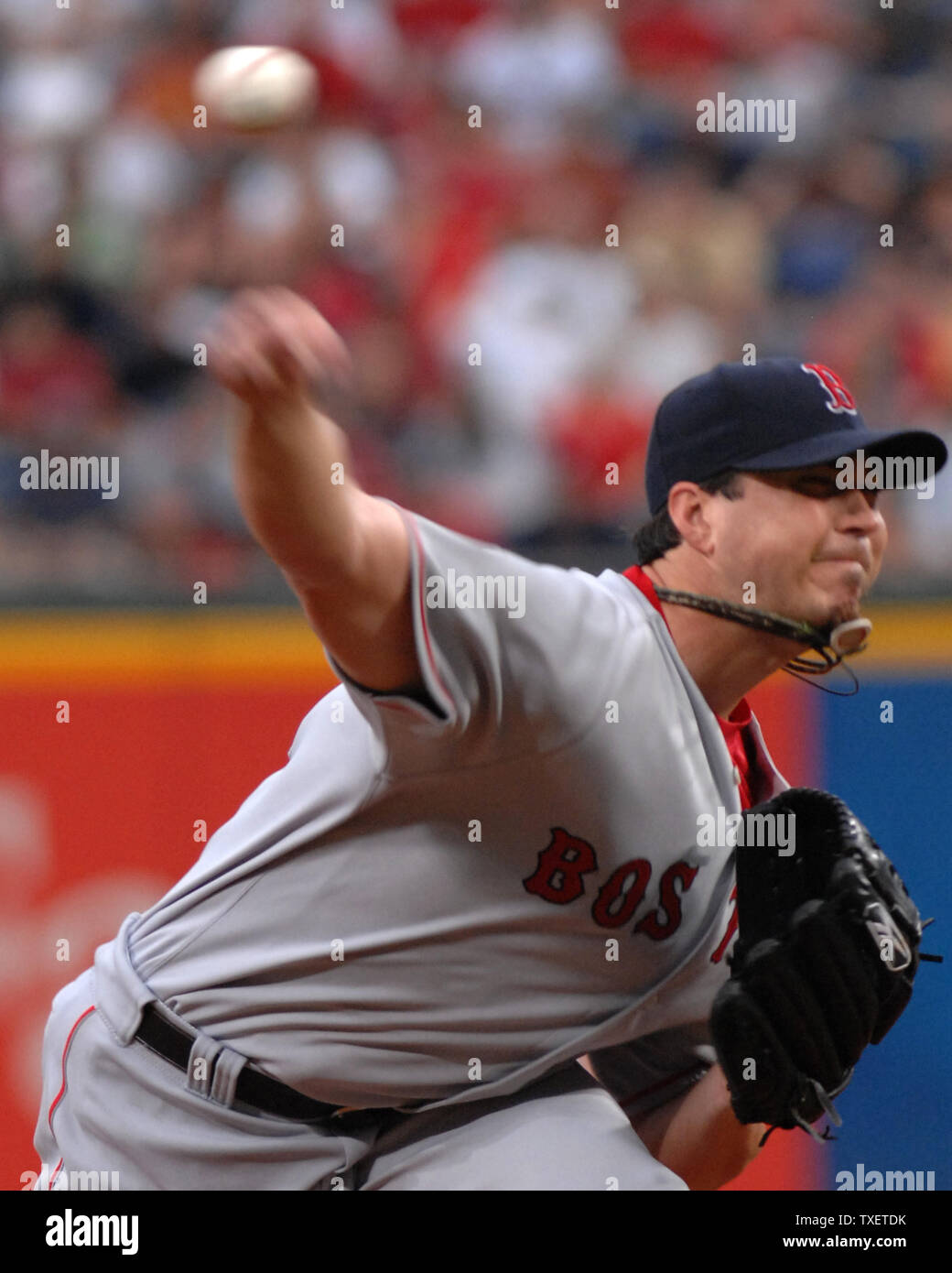 Boston Red Sox starting pitcher Josh Beckett throws against the Atlanta Braves in the first inning at Turner Field in Atlanta, June 19, 2007.  (UPI Photo/John Dickerson) Stock Photo