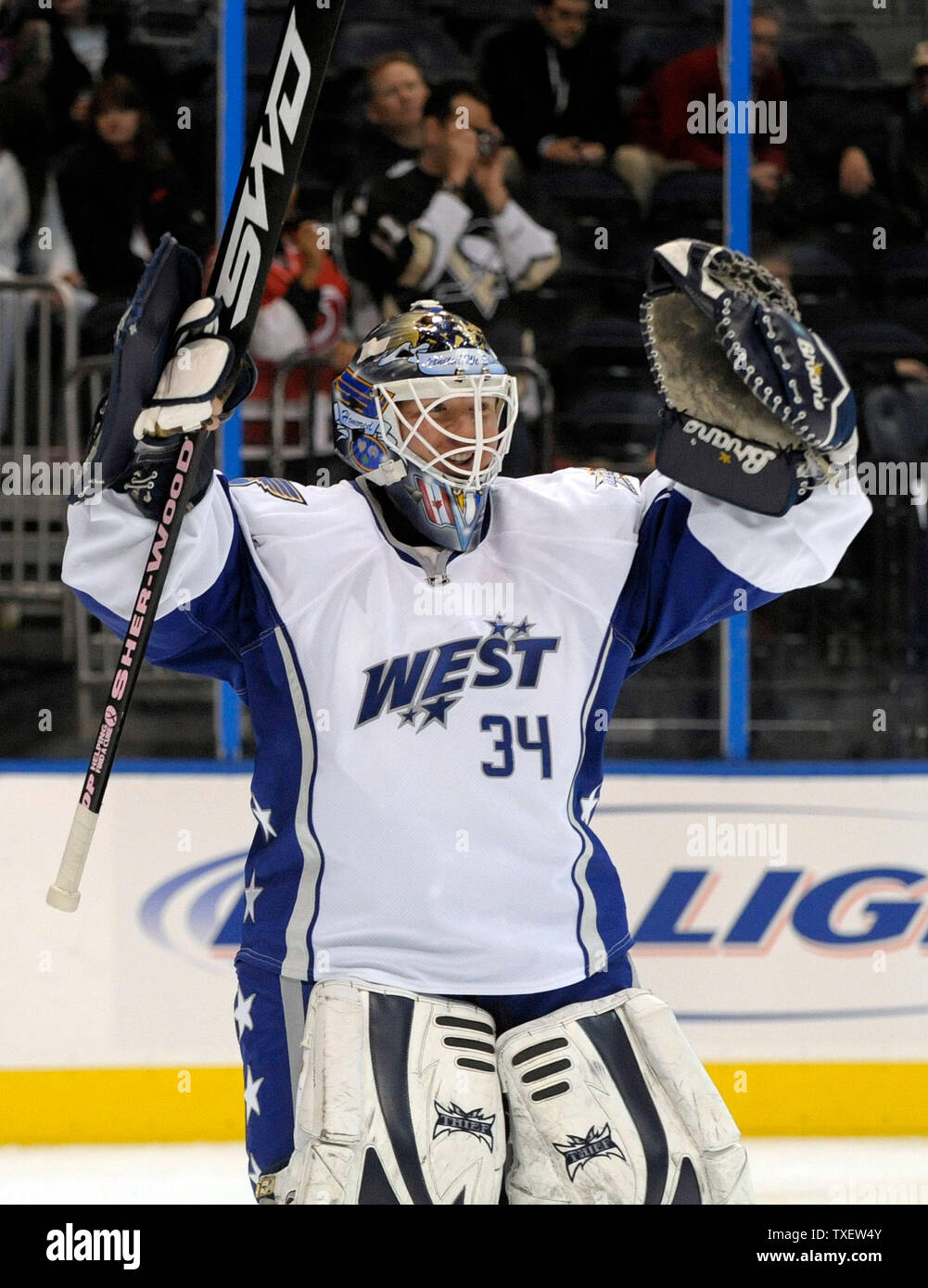 Western Conference All Star Goaltender Manny Legace St Louis Blues Clowns Around During Team Practice At Philips Arena In Atlanta On January 26 08 The National Hockey League S 56th All Star Game Will Be Western Conference All Star Goaltender Manny Legace St Louis Blues Clowns Around During Team Practice At Philips Arena In Atlanta On January 26 08 The National Hockey League S 56th All Star Game Will Be