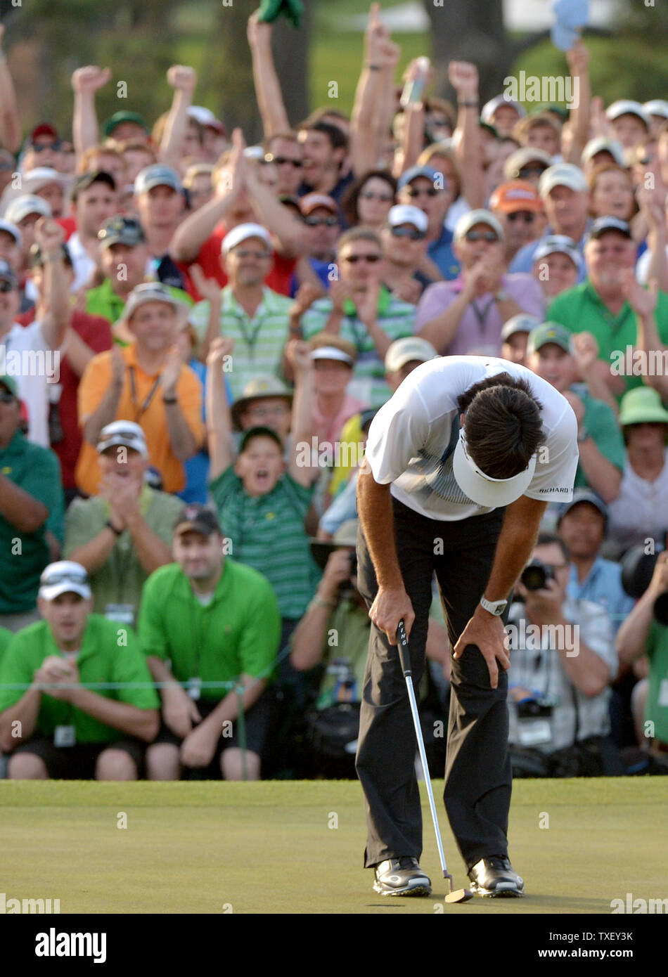 Bubba Watson reacts on the 18th green after the final round of the 2014  Masters Tournament at Augusta National Golf Club in Augusta, Georgia on  April 13, 2014. Watson wins the Masters