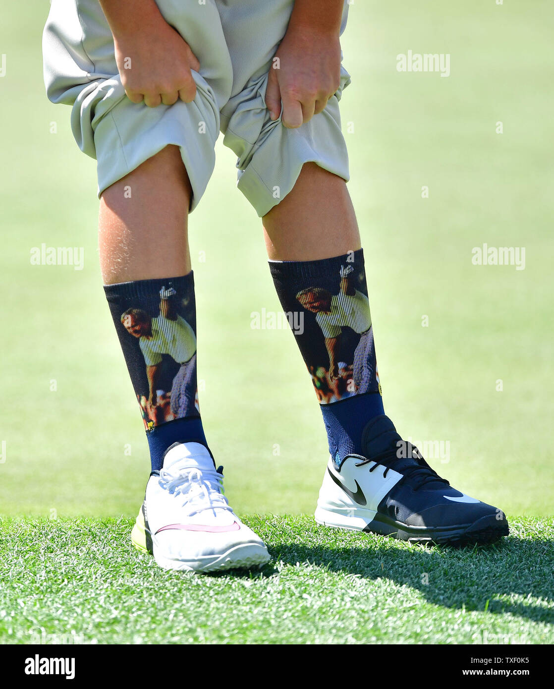 P.J. May bank III shows off his Jack Nicklaus themed socks during the Drive Chip & Putt National Finals at Augusta National Golf Club during Masters week on April 1, 2018 in Augusta, Georgia. Photo by Kevin Dietsch/UPI Stock Photo
