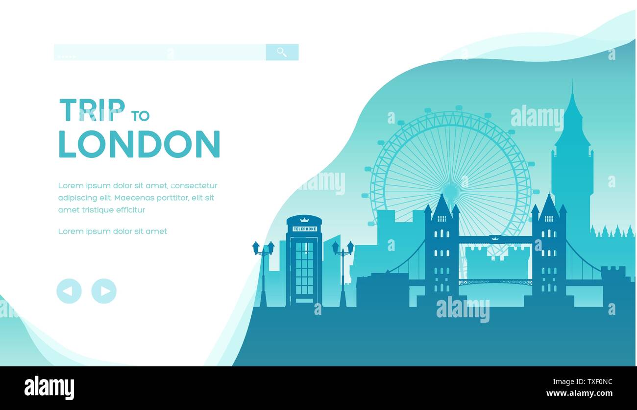 Trip to London vector landing page template. Great Britain sightseeing traveling. Cityscape minimalistic illustration. Travel agency flat web banner layout. UK world famous architectural landmarks Stock Vector