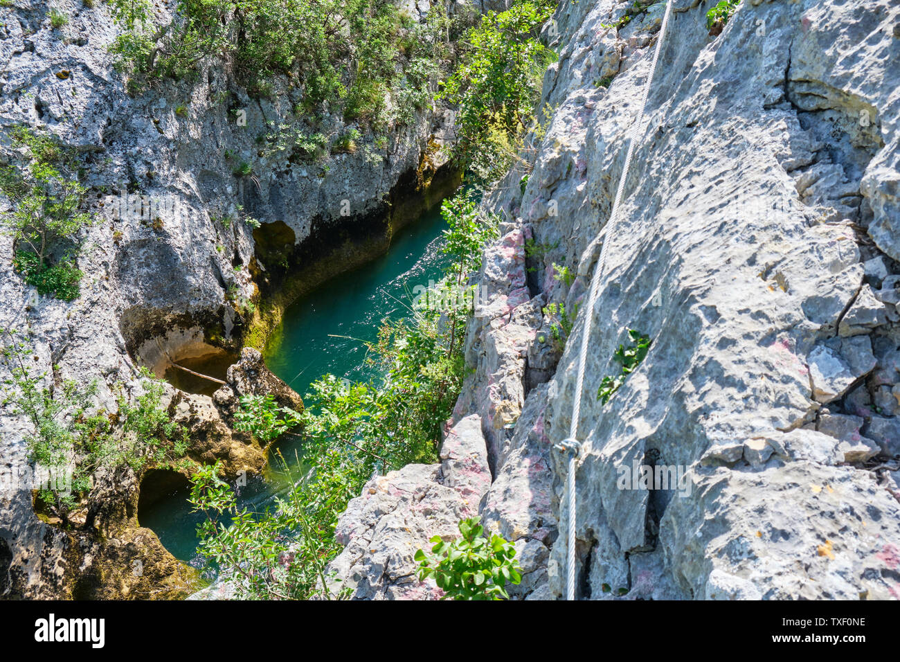 Cikola canyon in Croatia, up close, as seen from the via ferrata route above Cikola river. Tourism and adventure activities in Croatia concept Stock Photo