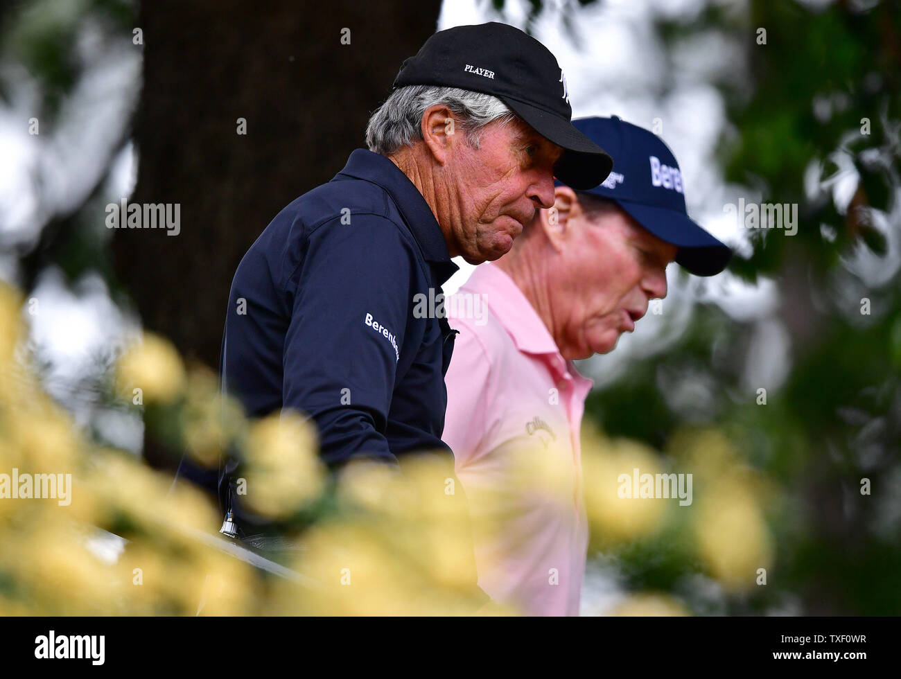 Gary Player (L) and Tom Watson eighth green during the Par 3 Contest at the  2018 Masters Tournament at the Augusta National Golf Club in Augusta,  Georgia, on April 4, 2018. Photo