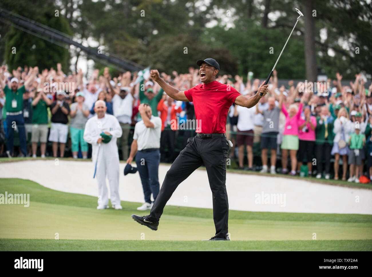 Tiger Woods celebrates after winning the 2019 Masters Tournament at Augusta National Golf Club in Augusta, Georgia, on April 14, 2019. Woods won the tournament 13-under-par. Photo by Kevin Dietsch/UPI Stock Photo