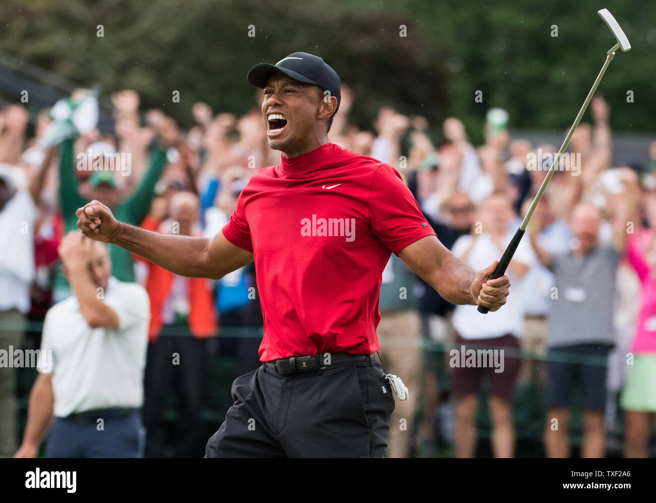 Tiger Woods celebrates after winning the 2019 Masters Tournament at Augusta National Golf Club in Augusta, Georgia, on April 14, 2019. Woods won the tournament 13-under-par. Photo by Kevin Dietsch/UPI Stock Photo
