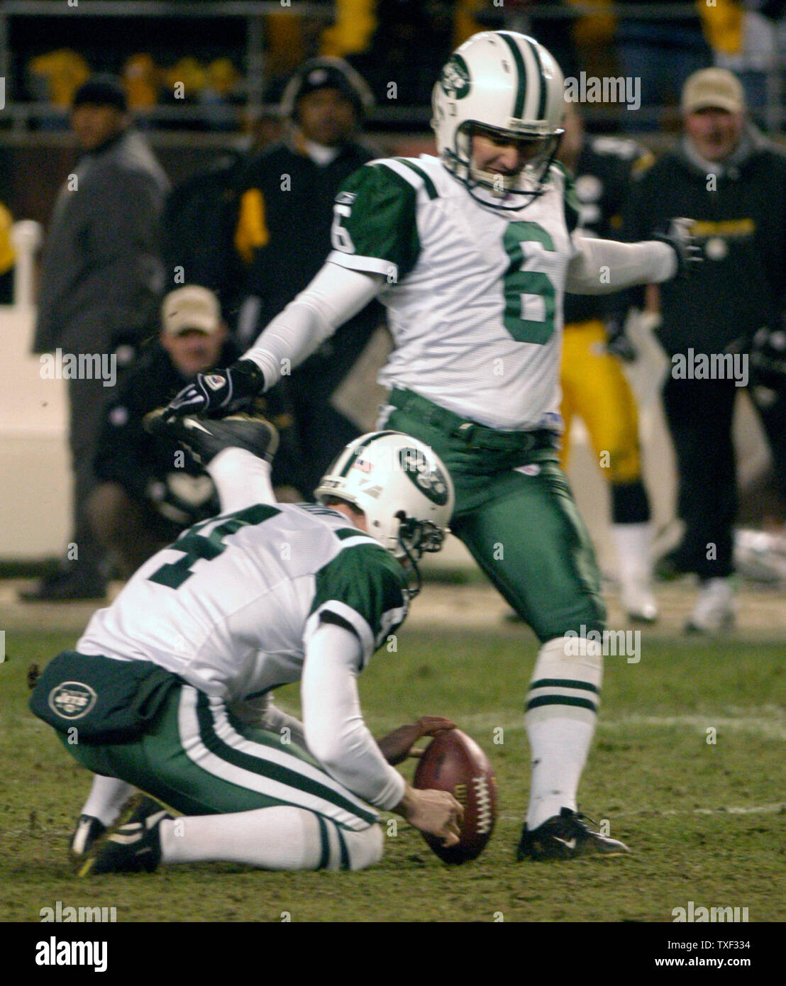 New York Jets kicker Doug Brien misses his second attempt at winning the  AFC North Divisional playoff game against the Pittsburgh Steelers as at  Heinz Field on January 15,2005 . The Steelers