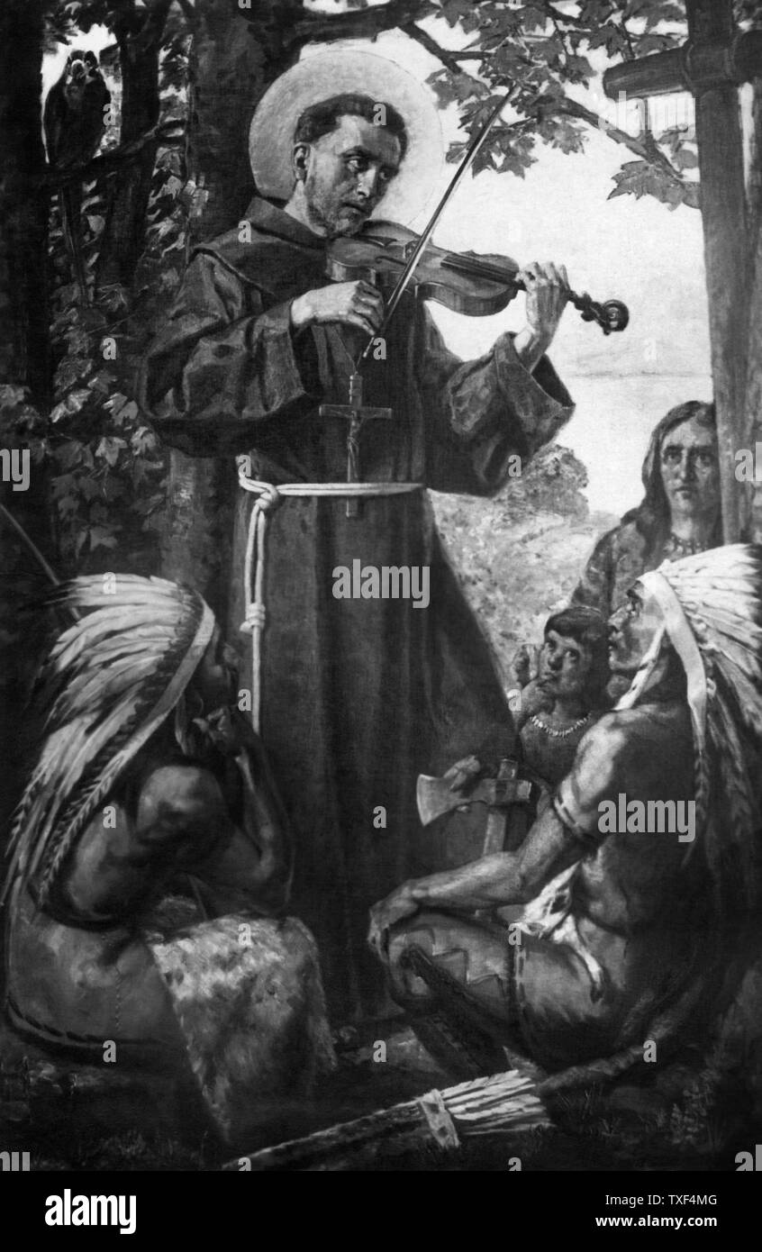 St. Francis Solan teaches music to the natives of southern America, engraving from the 1800s Stock Photo