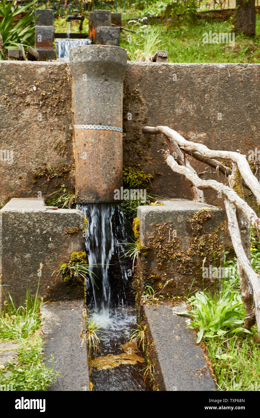 man-made fresh water fall in the trout farm Ribeiro Frio village, Madeira, Portugal Stock Photo