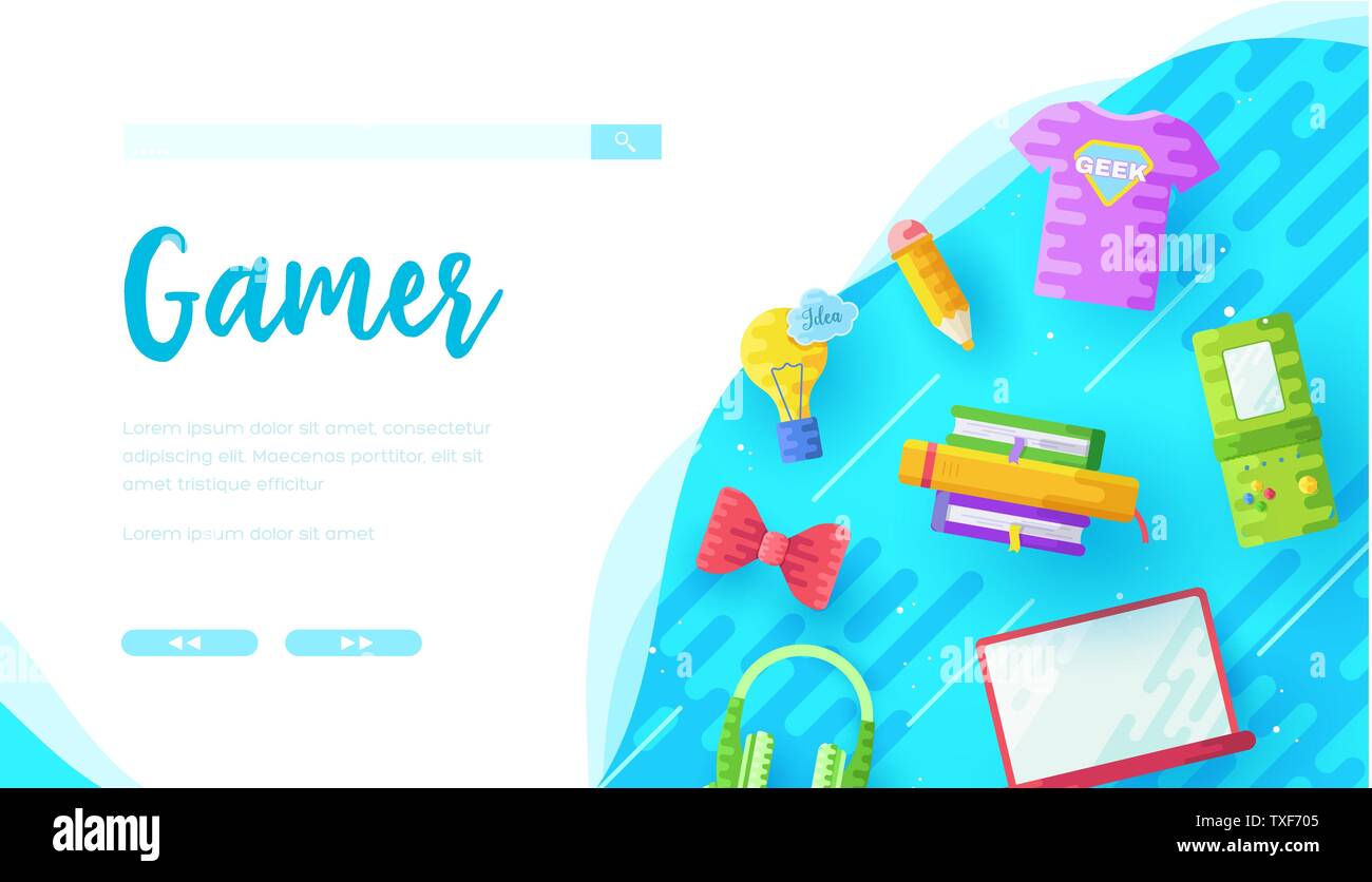 Games online store landing page template. Leisure activity