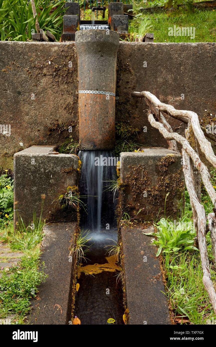 man-made fresh water fall in the trout farm Ribeiro Frio village, Madeira, Portugal Stock Photo