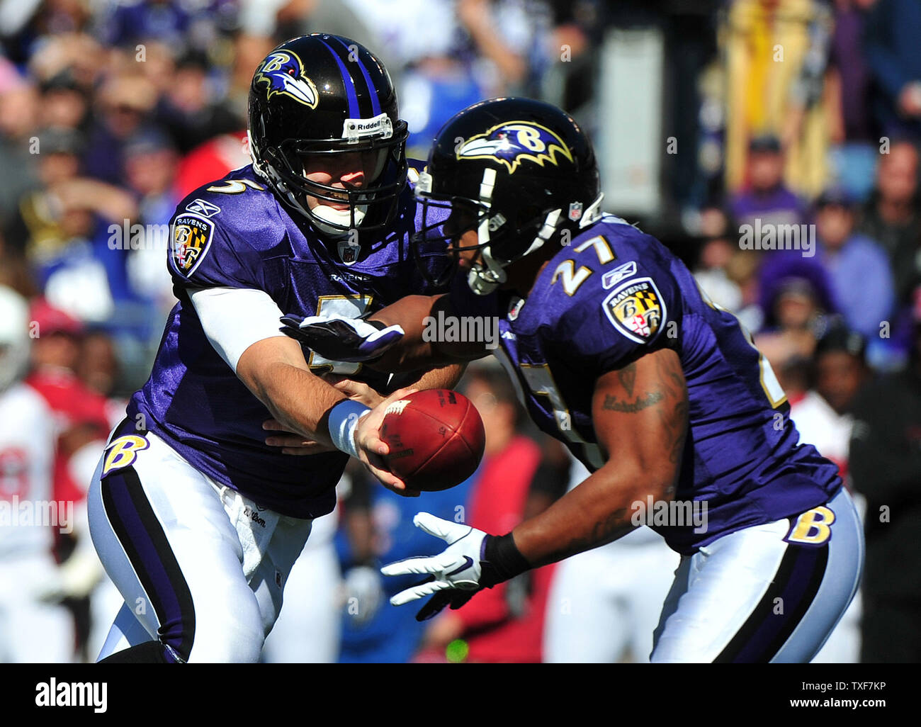 Baltimore Ravens running back Ray Rice (27) and quarterback Joe Flacco are  seen in the bench area during the Ravens game against the Atlanta Falcons  at M&T Bank Stadium on August 15