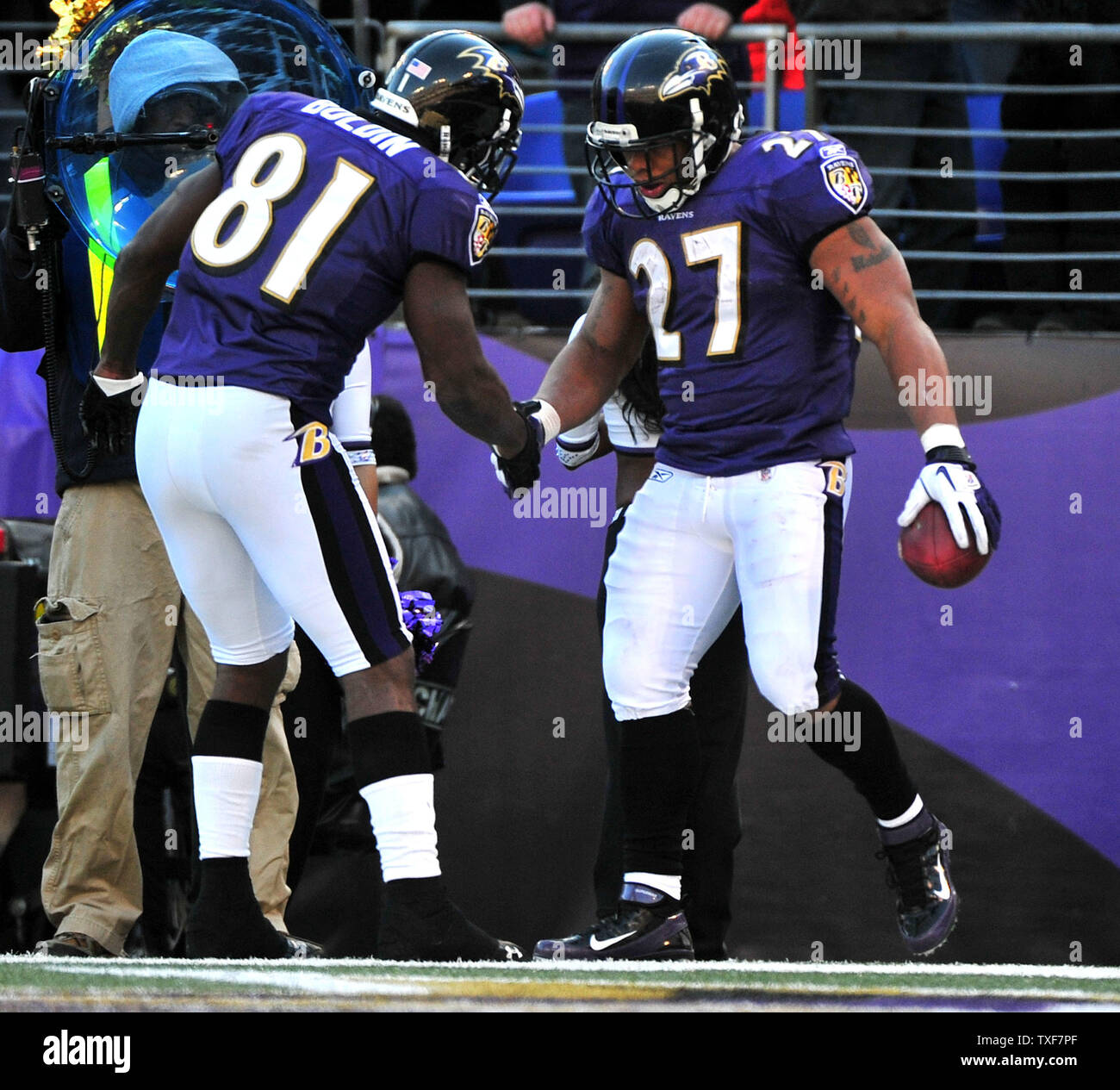 Baltimore Ravens Running Back Ray Rice 27 Is Congratulated By Teammate Anquan Boldin After Rice Ran For A 6 Yard Touchdown In The Second Quarter Against The Indianapolis Colts In Baltimore Maryland On Baltimore Ravens Running Back Ray Rice 27 Is Congratulated By Teammate Anquan Boldin After Rice Ran For A 6 Yard Touchdown In The Second Quarter Against The Indianapolis Colts In Baltimore Maryland On
